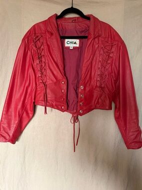 Vintage Red Lace-Up Cropped Leather Jacket